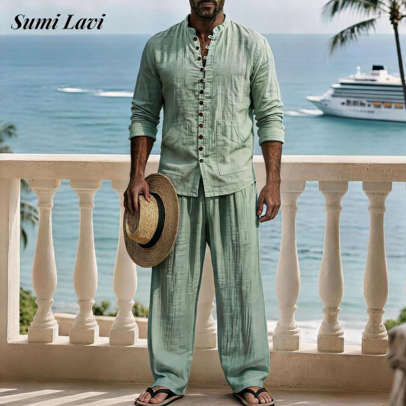 Mens Linen Shirt Long Sleeve - Vintage Men Linen Long Sleeve Shirt