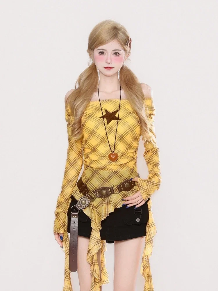 Y2K Plaid Slash Neck Vintage T - огляд і ціна Shirts