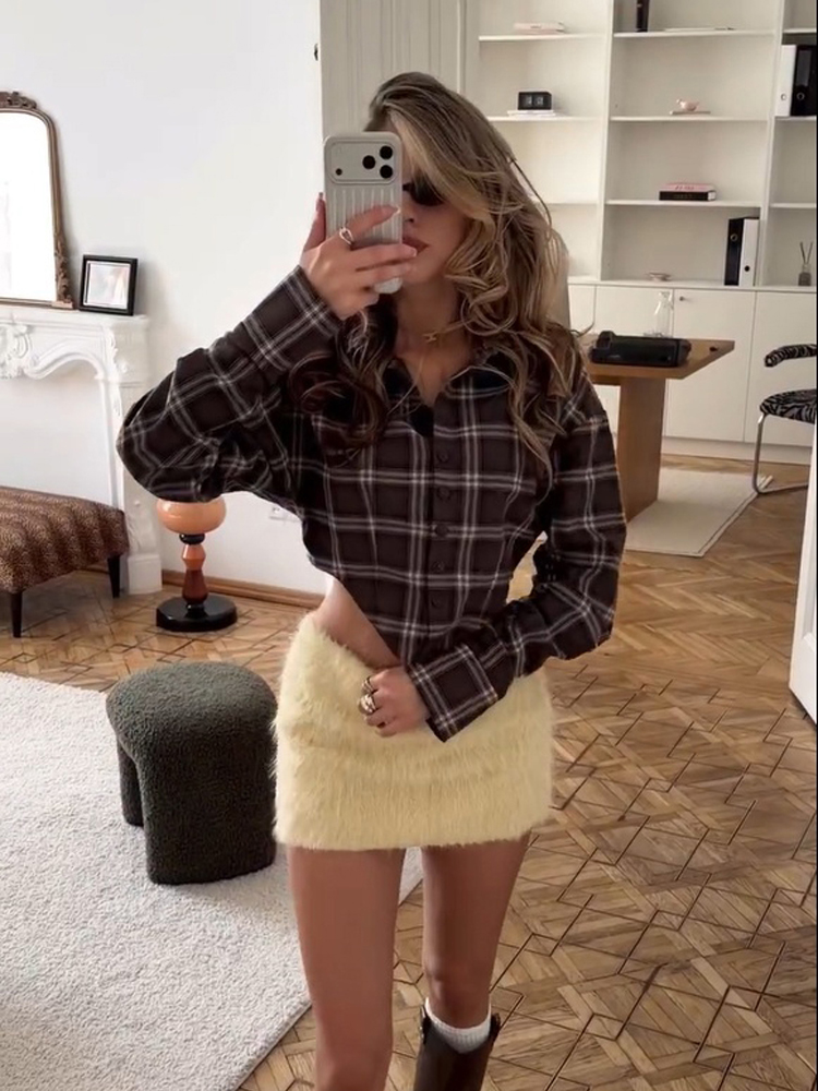 Women Chic Brown Plaid Check S - огляд і ціна Mens Linen Shirt Long Sleeve
